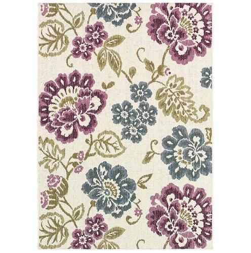 8' x 11' Ivory and Purple Floral Rectangular Outdoor Area Throw Rug