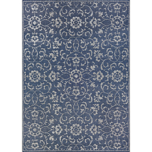 3.75' x 5.5' Navy Blue and Ivory Floral Rectangular Outdoor Area Throw Rug