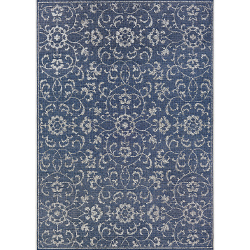 7.5' x 10.75' Navy Blue and Ivory Floral Rectangular Outdoor Area Throw Rug