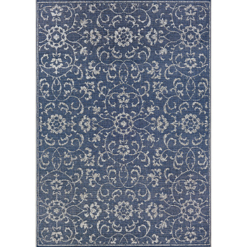8.5' x 13' Navy Blue and Ivory Floral Rectangular Outdoor Area Throw Rug