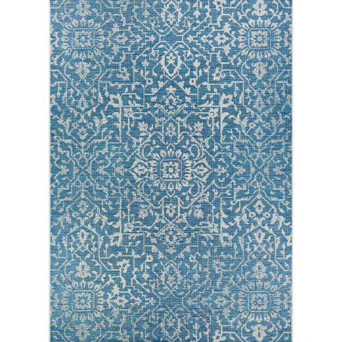 8.5' x 13' Ocean Blue and Ivory Floral Rectangular Outdoor Area Throw Rug