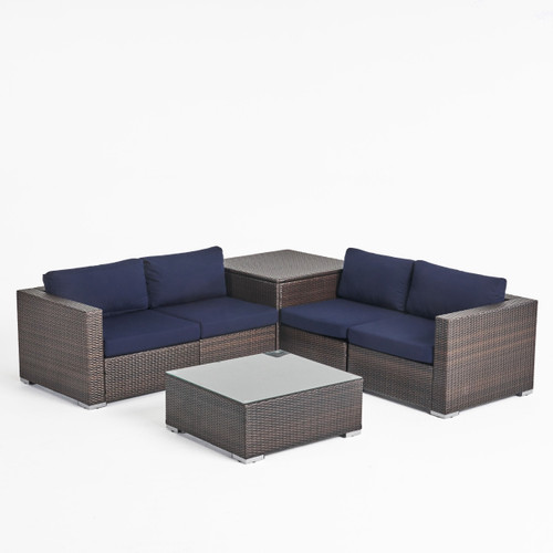 6-Piece Brown Wicker Finish Outdoor Furniture Patio Conversation Set - Navy Blue Cushions