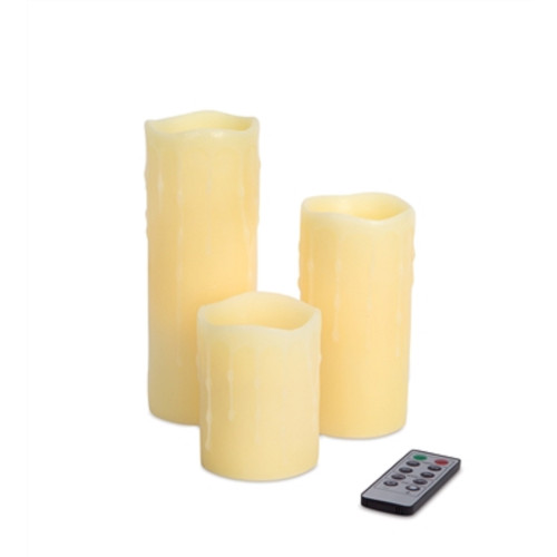 Set of 3 Ivory Dripping LED Flameless Pillar Candles 8"