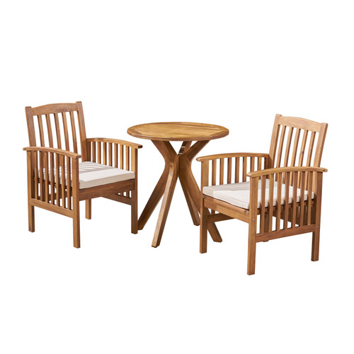 3-Piece Teak Brown Finish Outdoor Furniture Patio Bistro Set - Cream White Cushions