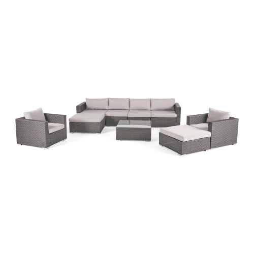9-Piece Gray Outdoor Furniture Patio Sectional Sofa Set - Silver Cushions