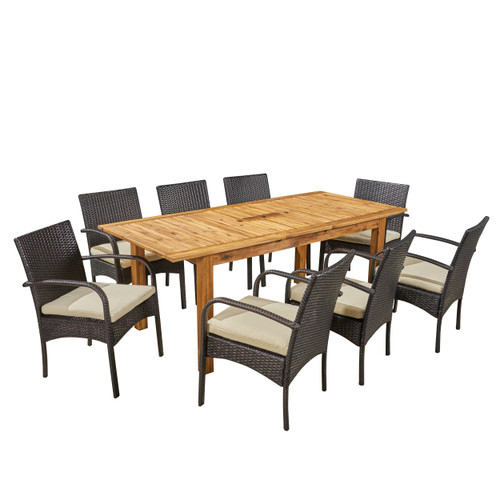 9-Piece Brown Wicker Finish Outdoor Furniture Patio Dining Set - Cream White Cushions