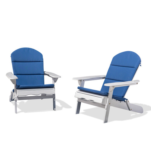 Set of 2 White and Navy Blue Outdoor Patio Adirondack Chairs with Cushions 35.25"