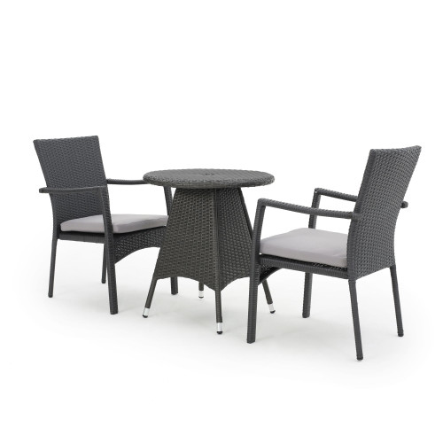 3-Piece Gray Contemporary Outdoor Furniture Patio Dining Set - Gray Cushions
