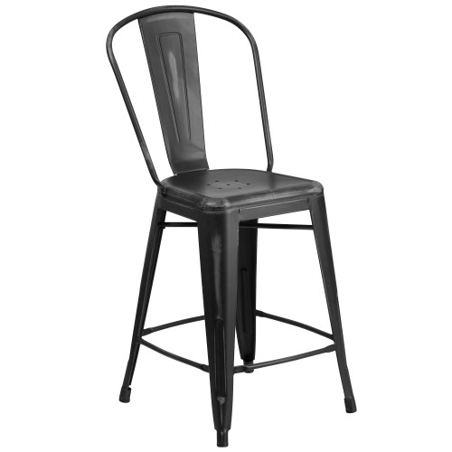 Contemporary Outdoor Furniture: 24'' Black Patio Counter Height Stool with Back