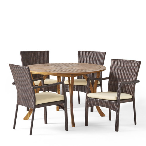 5-Piece Brown Teak Finish Wood and Wicker Outdoor Furniture Patio Dining Set - Cream Cushions