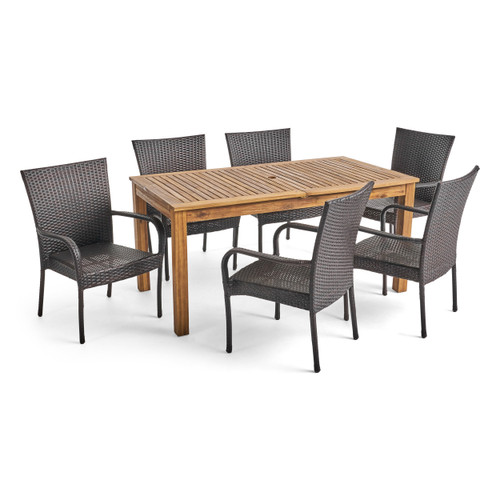 7-Piece Natural Finish Outdoor Furniture Patio Expandable Dining Set