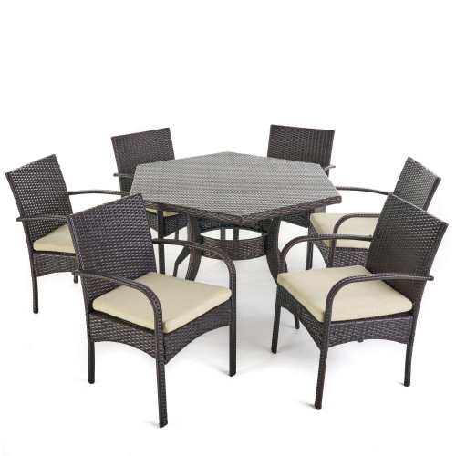7-Piece Brown Finish Hexagon Wicker Outdoor Furniture Patio Dining Set - Cream Cushions