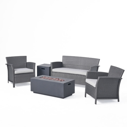 5pc Gray Outdoor Cushioned Chat Set with Rectangular Fire Pit 51"