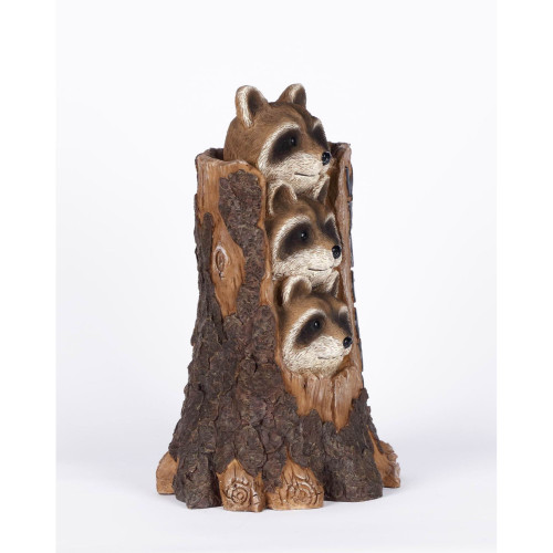 17" Brown and Black Three Raccoons in a Tree Trunk Welcome Sign Garden Statue