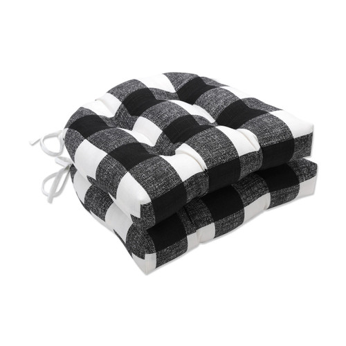 Tufted Buffalo Check Outdoor Patio Chair Pads - 16" - Black and White - Set of 2