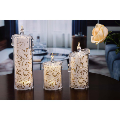 Set of 2 Gold & White Contemporary Swirly Leaves LED Lighted Candles ...