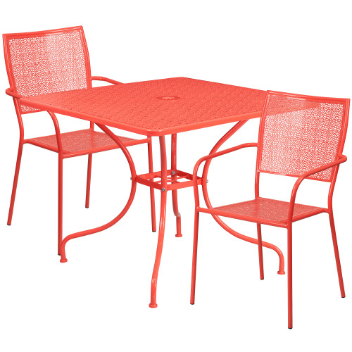 Set of 3 Coral Red Outdoor Furniture Patio Table with Square Back Chairs