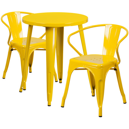 Chic 29'' Yellow Metal Round Indoor-Outdoor Table Set with 2 Arm Chairs