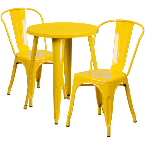 Set of 3 Yellow Round Metal Indoor-Outdoor Table with Cafe Chairs 33"