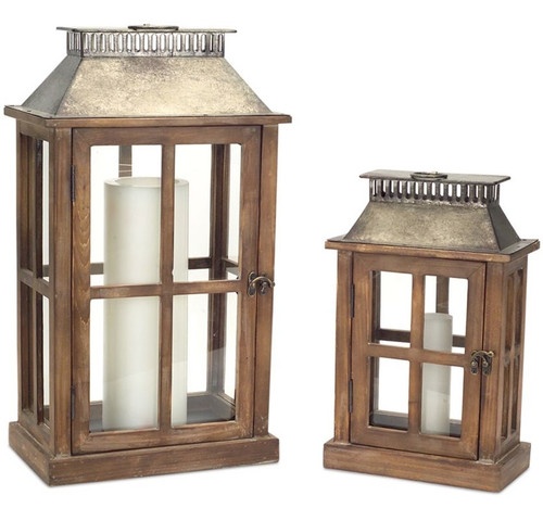 Set of 2 Decorative Elegant Rectangle Rustic Wooden Lanterns - 13.5"H and 20"H