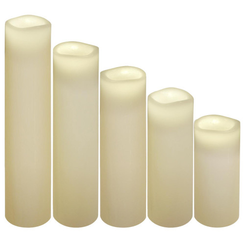 Set of 5 White Battery Operated Flameless Pillar Candles, 8"