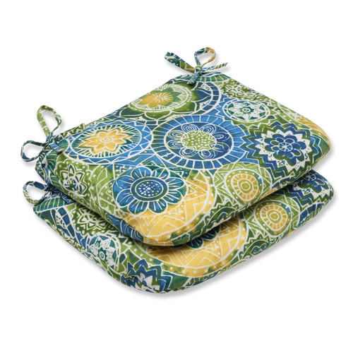 Set of 2 Laguna Mosaico Blue, Green and Yellow Outdoor Patio Rounded Chair Cushions 18.5"