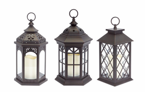 Pack of 3 Dark Brown Battery Operated Outdoor LED Candle Lanterns w/ Timers