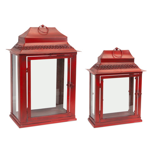 Set of 2 Antique Red and Clear Glass Table Top Lanterns 21" - Perfect for Home Decor and Special Events