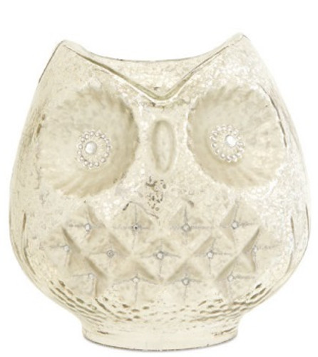 8" White and Silver Woodland Creature Mercury Glass Owl Bird Pillar Candle Holder