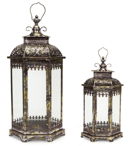 Set of 2 Antique Style Pewter Gray Decorative Glass Pillar Candle Lanterns 34"