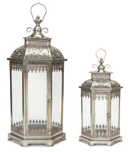 Set of 2 Antique Style Silver Decorative Glass Pillar Candle Lanterns 34"
