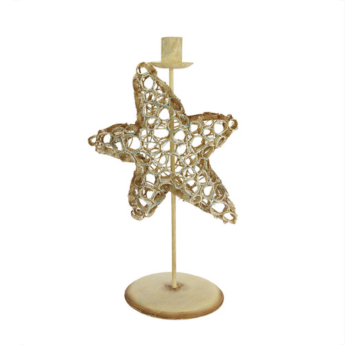 12.75" Beach Inspired Brown and Blue Burlap Star Fish Taper Candle Holder