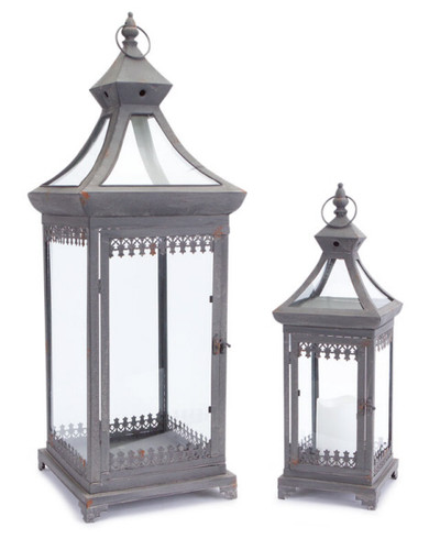 Set of 2 Brocade Bourgeoisie Weathered Metal and Glass Pillar Candle Holder Lanterns 29"