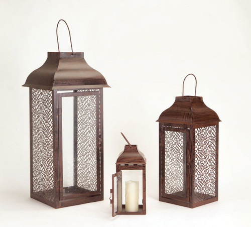 Set of 3 Brown Modern Style Mesh Pillar Candle Holder Lanterns 21"