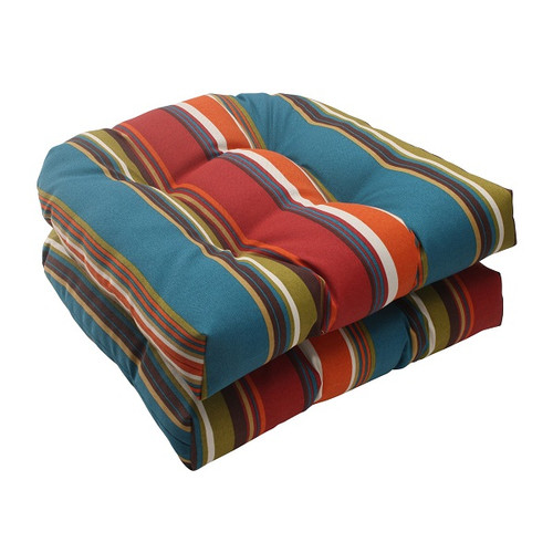 Set of 2 Moroccan Multi-color Striped Outdoor Tufted Wicker Seat Cushions 19"
