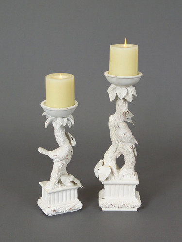 Set of 2 Snow Drift Distressed White Bird Pedestal Pillar Candle Holders 15"
