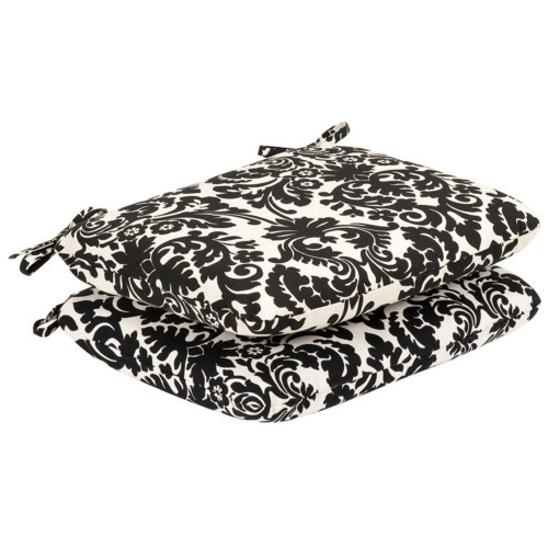 Set of 2 Black and White Damask Patio Furniture Seat Cushions 18.5"