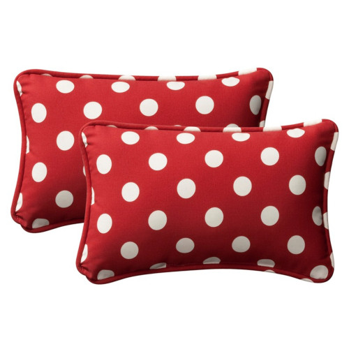 Set of 2 Red and White Polka Dotted Rectangular Outdoor Corded Throw Pillows 24.5-Inch