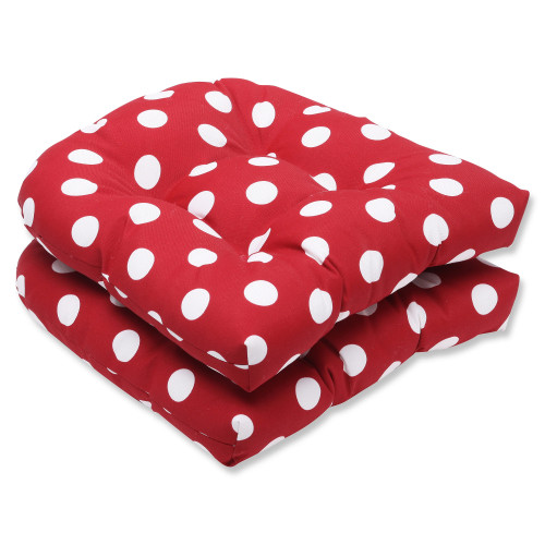 Polka Dot Tufted Outdoor Patio Wicker Chair Cushions - 19" - Set of 2 - Red and White