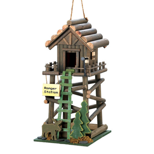13.5" Brown and Green Ranger Station Outdoor Hanging Birdhouse