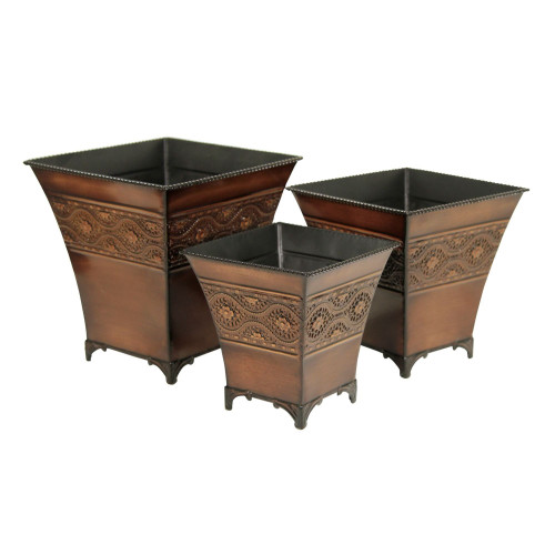 Set of 3 Brown and Ivory Planters with Patterned Belt 8"