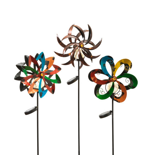 Set of 3 Brown and Green Solar Powered Wind Spinner Stakes 44"