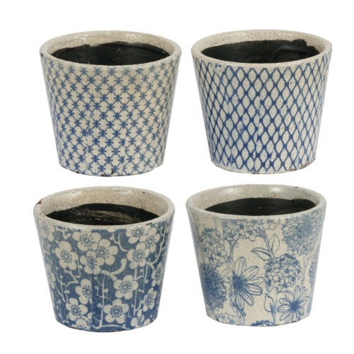 Set of 4 Blue and White Garden Style Planters 5.5"