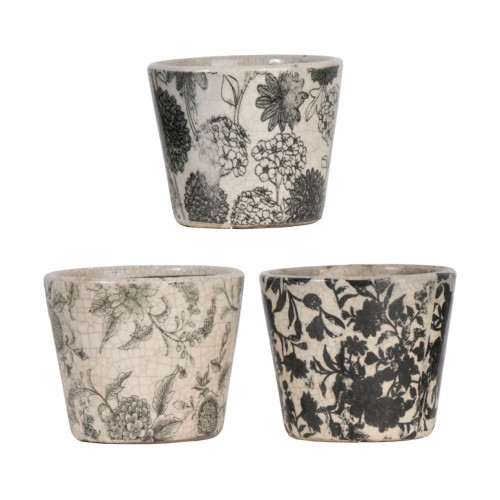 Set of 3 Black and White Floral Motifs Planters 5.5"