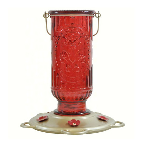 9" Red Vintage Glass Bottle Hummingbird Feeder - 20 oz: Classic Elegance for Hummingbirds!