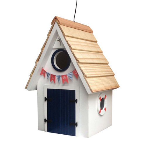 8.25" Fully Functional White and Navy Dockside Cabin Outdoor Garden Birdhouse