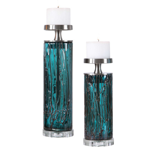 Set of 2 Teal Blue and Silver Glass Pillar Candle Holders with Sugar Spun Accents 18"