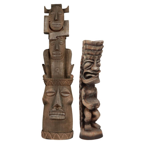 Exotic 9.5" Set of 2 Brown Tiki Gods Garden Statues | Wood-Grained Resin | Indoor & Outdoor Décor