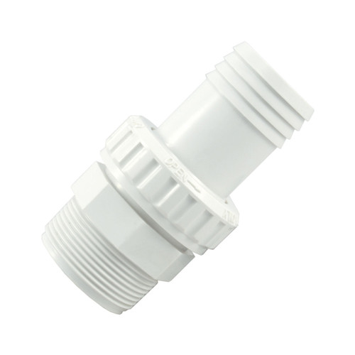 1.5" White Plastic Econ Union Hose Barb for MIP, Safe Pool Connection by Custom Molded Prod.