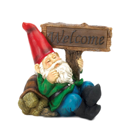 8" Green and Red "WELCOME" Contemporary Gnome Solar Statue